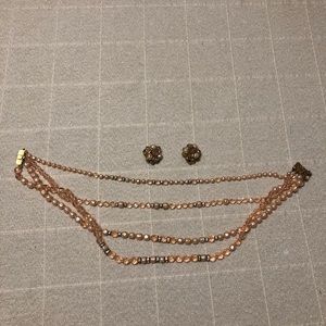 Ca. 1950s Pink multi-strand necklace and clip on earrings set